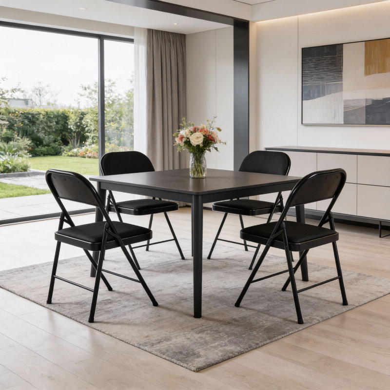Ensemble de quatre chaises pliantes en similicuir noir et acier