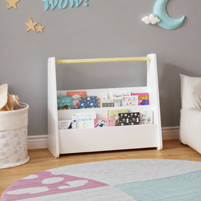Kids 2-Tier Front-Facing Bookshelf with Wooden Handle, Portable and Spacious Organizer for Books and Magazines