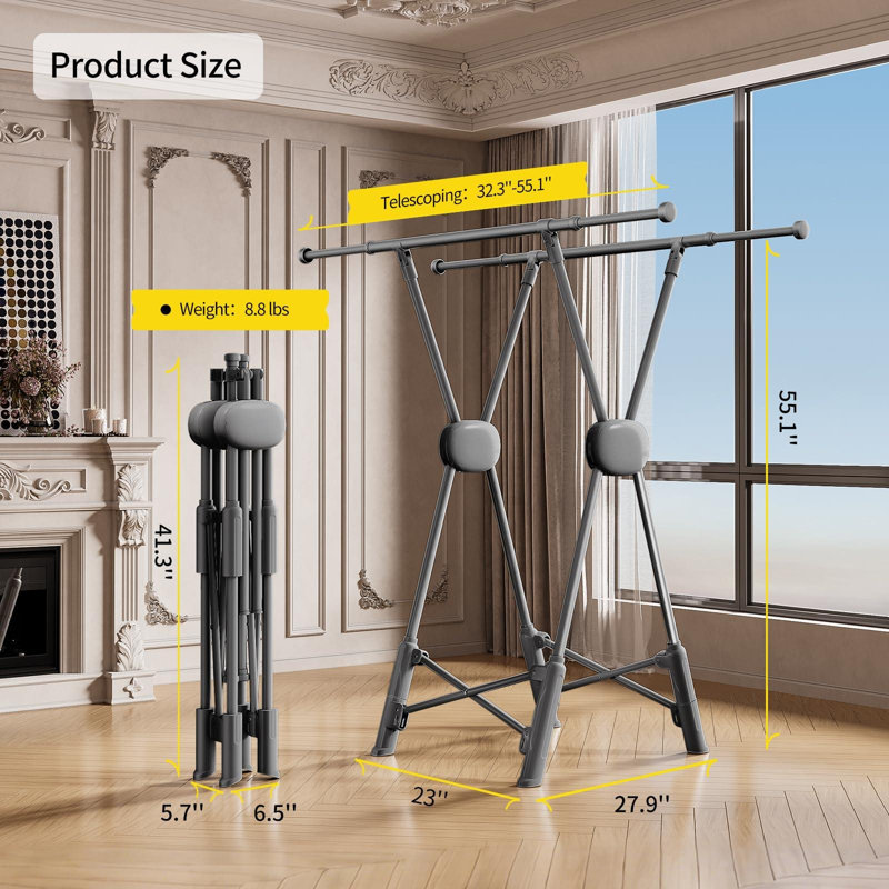 Séchoir à vêtements, support à linge pliable, deux supports à vêtements, longueur réglable (gris), Gray
