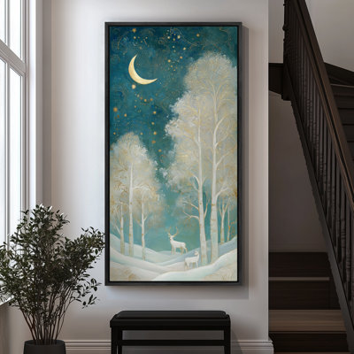 Enchanted Winter Night – Moonlit Forest with Deer and Golden Stars - Large Framed Canvas Master Bedroom Wall Art Print