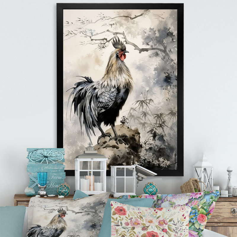 Aymie Asian Art Rooster Sumi I sur impression sur toile, Cadre photo noir, H 20 po x l 12 po x P 1 po