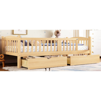 Lit plateforme simple TG avec garde-corps et tiroir spacieux sous le lit, tête de lit adorable dans des tons naturels, pas besoin de sommier tapissier, tiroirs de rangement simples à assembler, doux