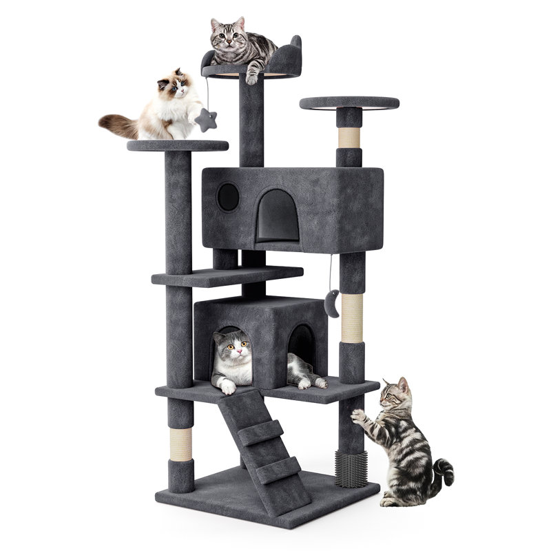 Lizzie Cat Tree Multi Level Play Tower Condo Cat Sisal Scratching Posts with Perches, Ramp and Brush, 55" H x 28" W x 30" D