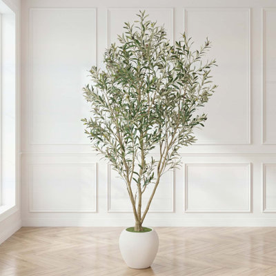 8FT Artificial Olive Tree with Big Decorative White Planter, Ideal for Tall Indoor and Covered Outdoor Decor