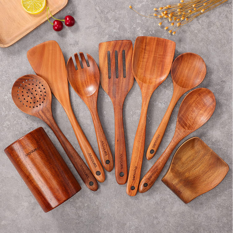 Mooues 9 Piece Wooden Spoons for Cooking, Wooden Utensils for Cooking with  Utensils Holder, Natural Teak Wooden Kitchen Utensils Set with Wooden Spoon