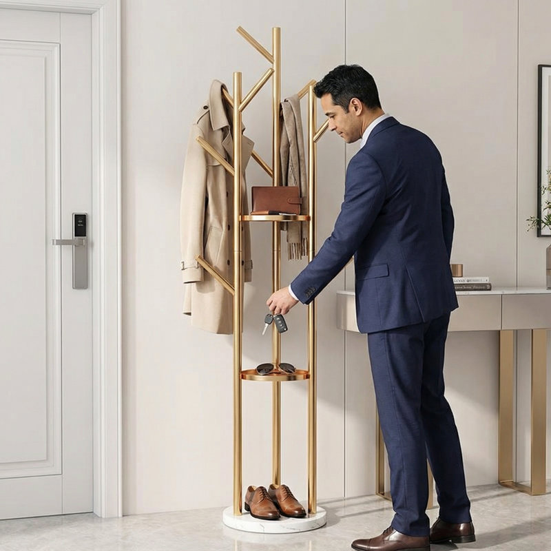 Steel Freestanding 9-Hook Coat Rack In Gold, Gold