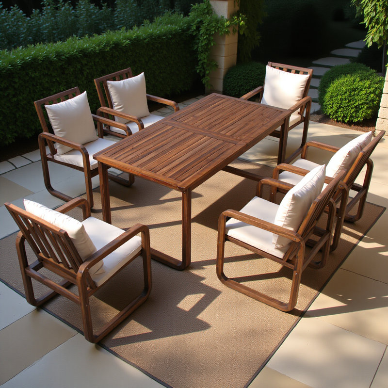 Ensemble de salle à manger de patio 7 pièces 7 pièces Ensemble de mobilier d'extérieur élégant avec coussins amovibles pour patio, cour arrière, bois naturel et coussin brun clair