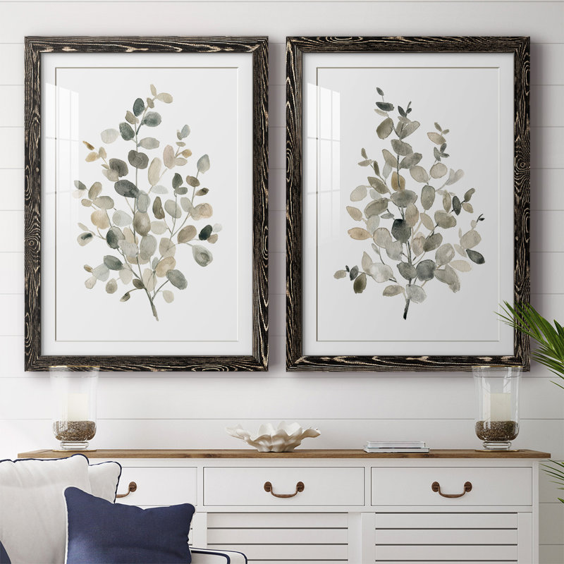Neutral Eucalyptus I - 2 Piece Single Picture Frame Painting Set on Canvas, 27.5" H x 75" W x 1.5" D, Black
