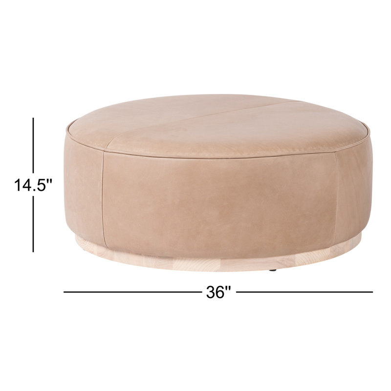 Sinclair Round Ottoman, Harness Burlap Faux leather, Natural Whitewash Ash