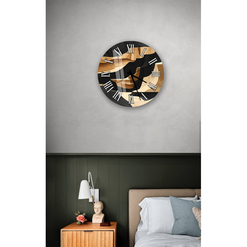 Horloge murale moderne en verre trempé - art abstrait noir doré, décoration minimaliste, cadeau de pendaison de crémaillère unique, grand cercle silencieux
