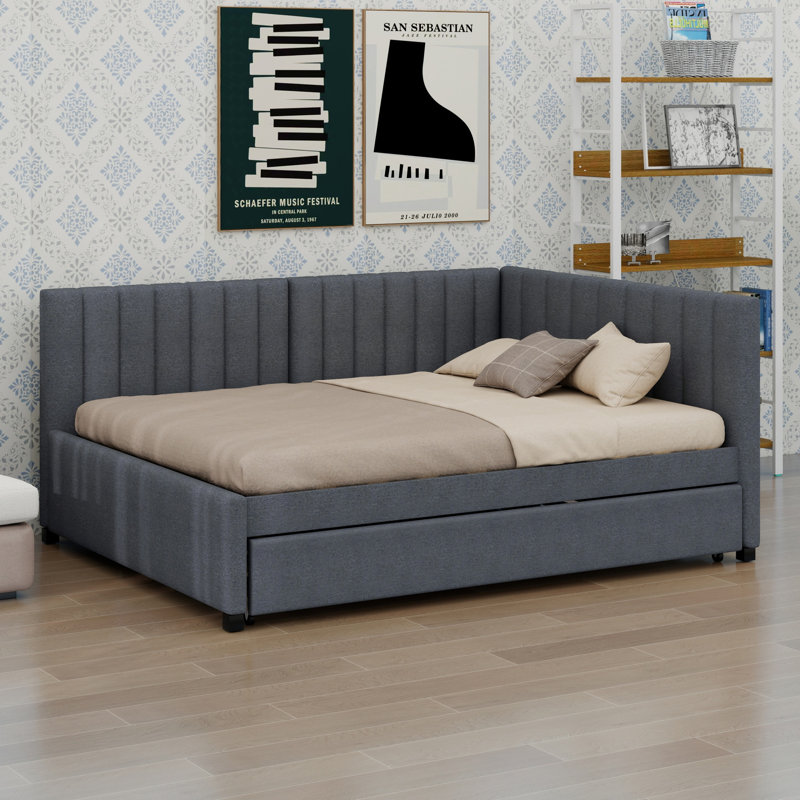 Upholstered Daybed with  Trundle, Sofa Bed Frame Ideal for Guests, Gray