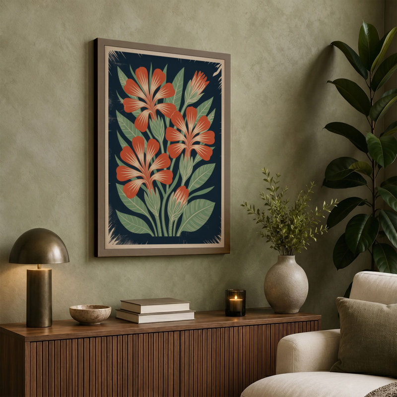 Floral Woodcut Botanical 1 Piece Wrapped Canvas Wall Art, 24x16 - 61.0 x 40.6 cm, Black Border