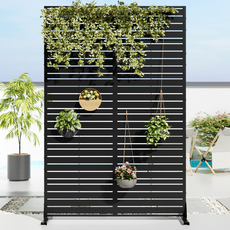 Privacy Metal Screen Fence Panel Horizontal Stripe Pattern, 72" H x 47" W, Black