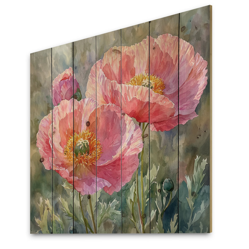 Pivoine d'été dans la brise - Art mural bois de coquelicots - sur bois de pin naturel, H 25 po x l 25 po x P 0,78 po