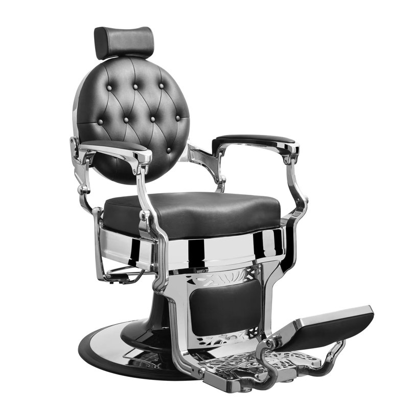 Heledd Wide Faux Leather Reclining Barber Chair, Black Faux Leather, Chorme