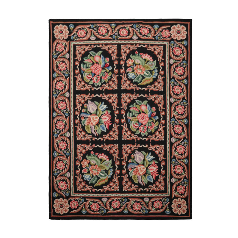 Tapis traditionnel noir en laine tissé à la main 6 x 9