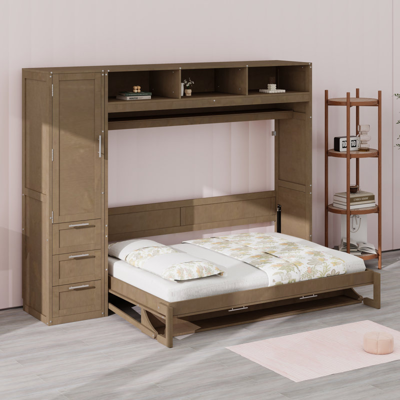 Lit escamotable à rangements multiples avec garde-robe, tiroirs et tablettes ouvertes