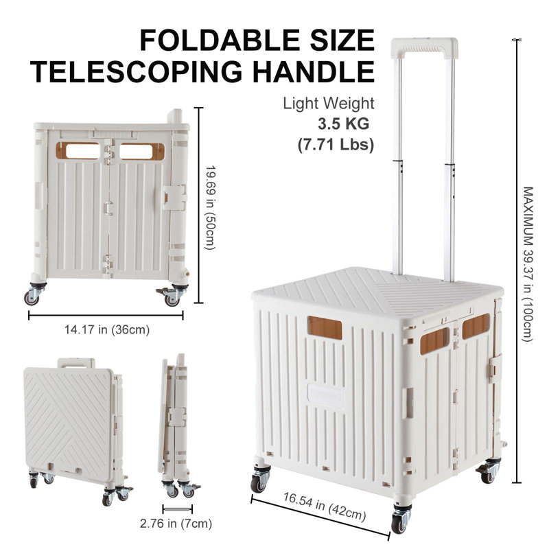 Foldable Utility Cart Folding Portable Rolling Crate Handcart With Durable Heavy Duty Plastic Telescoping Handle Collapsible 4 Rotate Wheels(White)