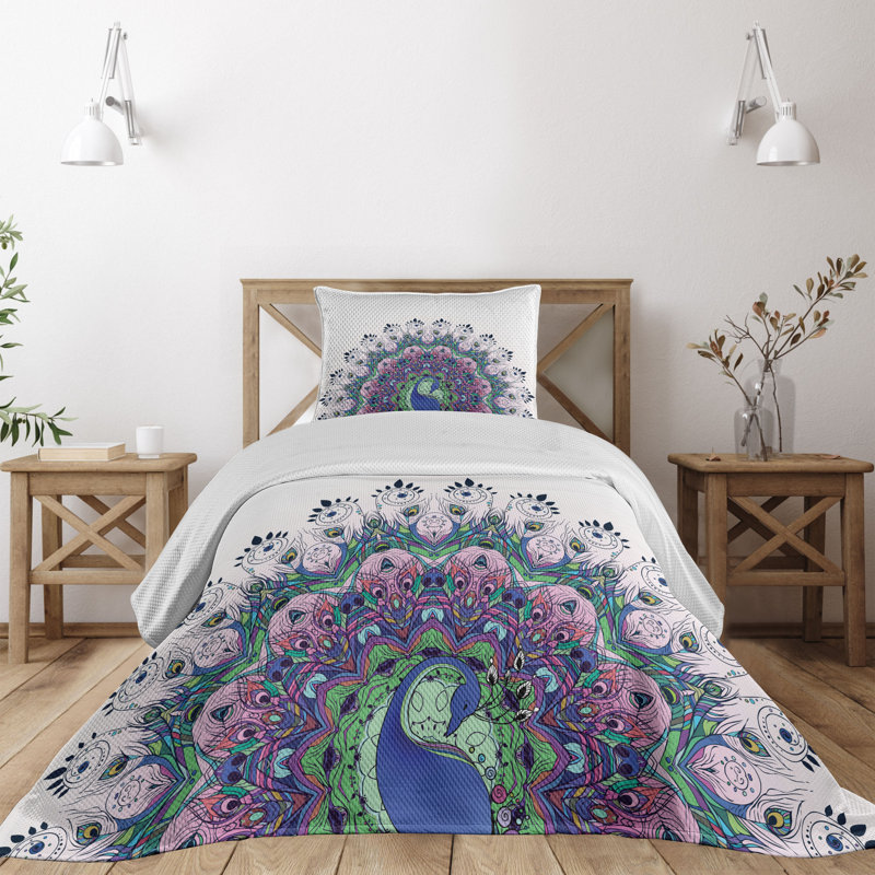 Twin White Quilted Bedspread Set with Peacock Design