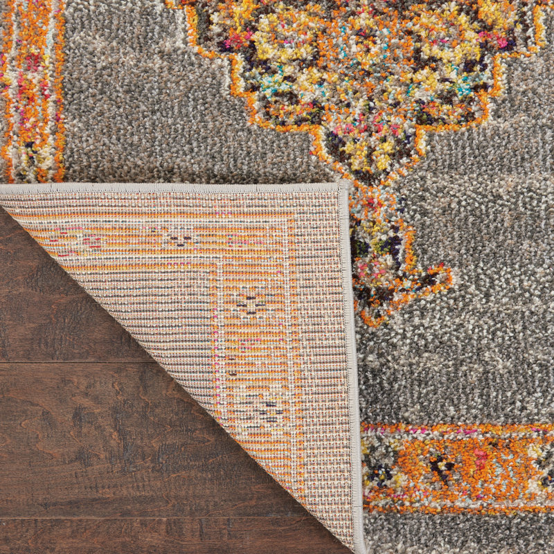 Tapis gris / orange à motif de médaillon traditionnel Lundy, Rectangle 6 pi 7 po x 9 pi 6 po