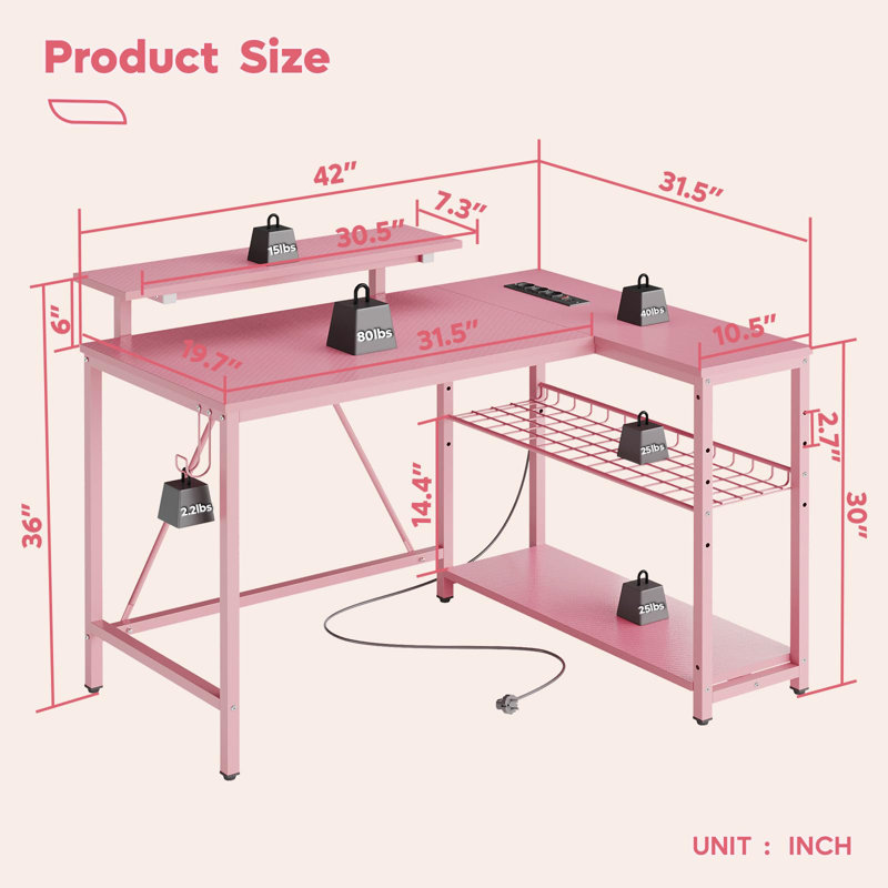 Lippencott L-Shaped Computer Desk, Pink