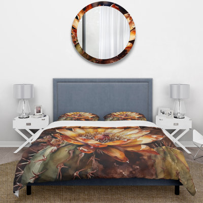 Ensemble de housse de couette en microfibre / polyester orange et vert Cactus Flower II Bedding