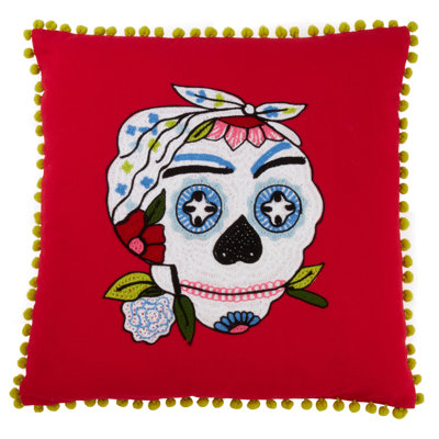 Sugar Skull Embroidered Cotton Throw Pillow
