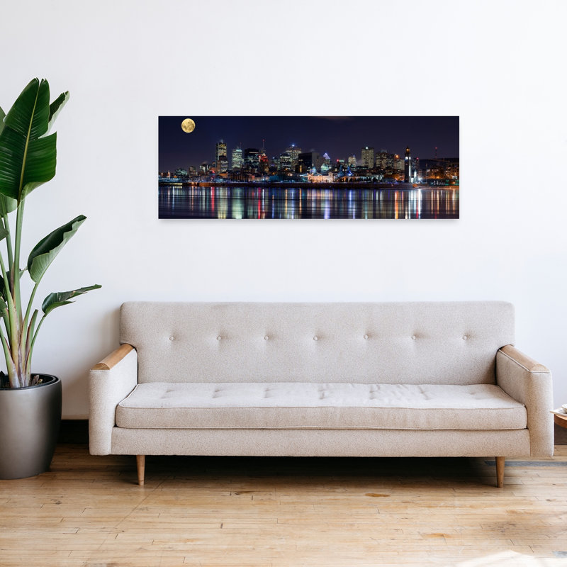 Moonlit City Reflections Colorful Vibrant Abstract Architecture City, art mural, H 16 po x l 48 po