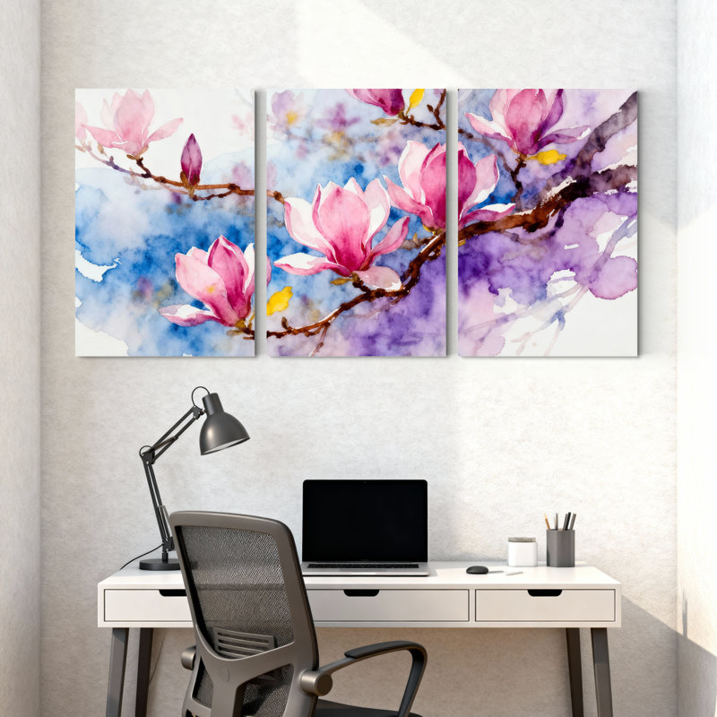 «Magnolia Pink Magnolia Flowers On Branches», ensemble de 3 impressions sur toile, H 24 po x l 48 po