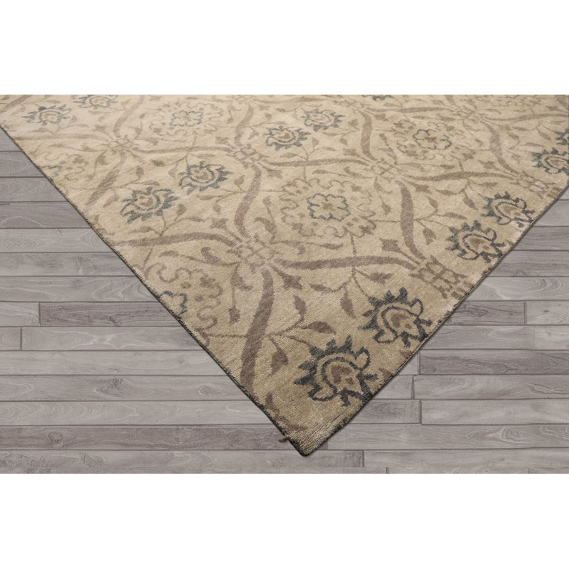 Tapis tibétain noué à la main en laine beige-gris de style transitionnel, 2,44 m x 2,95 m