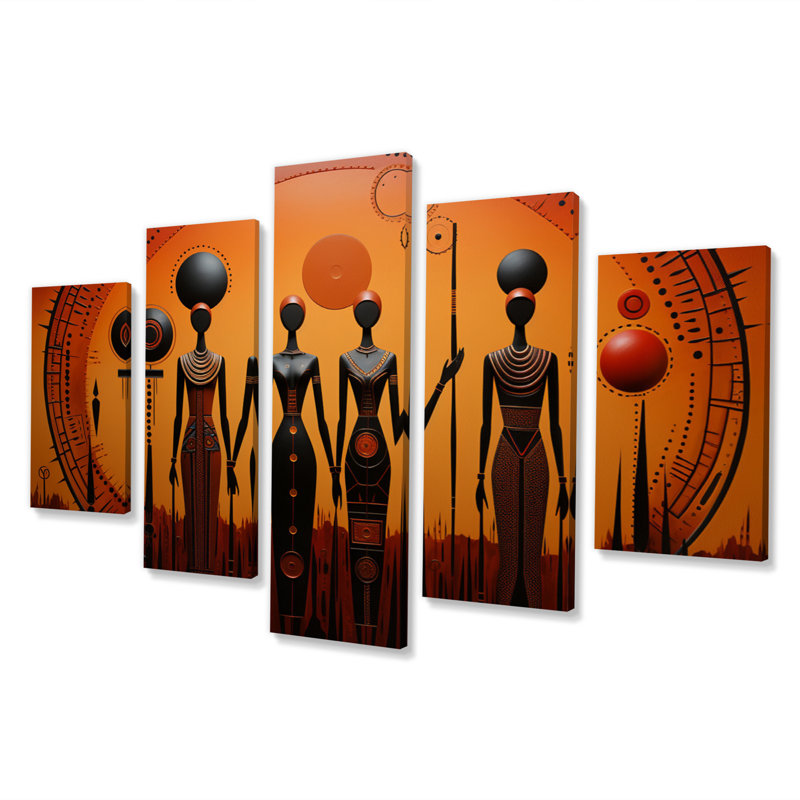 «African Tribal Rhythms I», art mural africain, salon, 5 panneaux