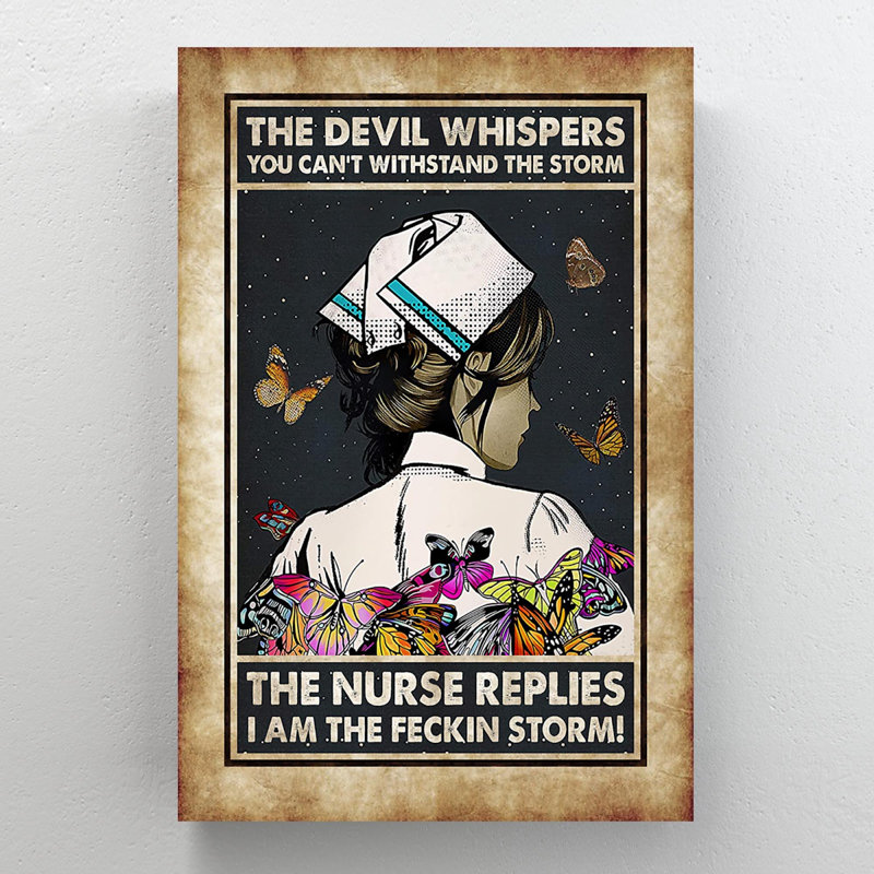 «Nurse And Butterflies - The Devil Whispers», reproduction d'art graphique sur toile tendue, H 14 po x l 11 po x P 2 po