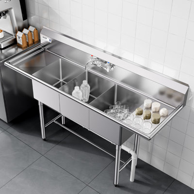 3 Compartment Sink, 18-Gauge 304 Stainless Steel, 14" x 16" x 11" Bowl Size, 3 Bay Commercial Kitchen Prep & Utility Sink with 2 Drainboards and Backsplash for Restaurant, Food Truck & Home Use