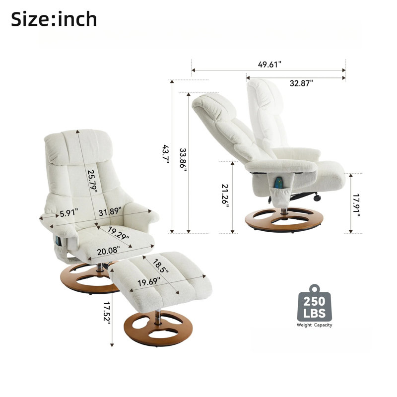 Ergonomic Recliner Chair with Ottoman, 360° Swivel Lounge Chair with Heating, Beige Chenille, Dark Brown Wood