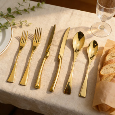 24-Piece Gold Flatware Set For 4, 18/10 Stainless Steel Mirror Polished Cutlery Service With Steak Knives, Dinner Forks, Spoons, And Salad Forks
