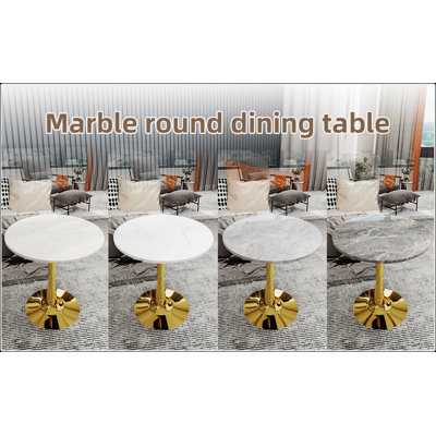 Mid-Century Modern Round Coffee Table with Faux Marble Top and Gold Pedestal Base, Perfect for Small Gatherings and Decorative Use.