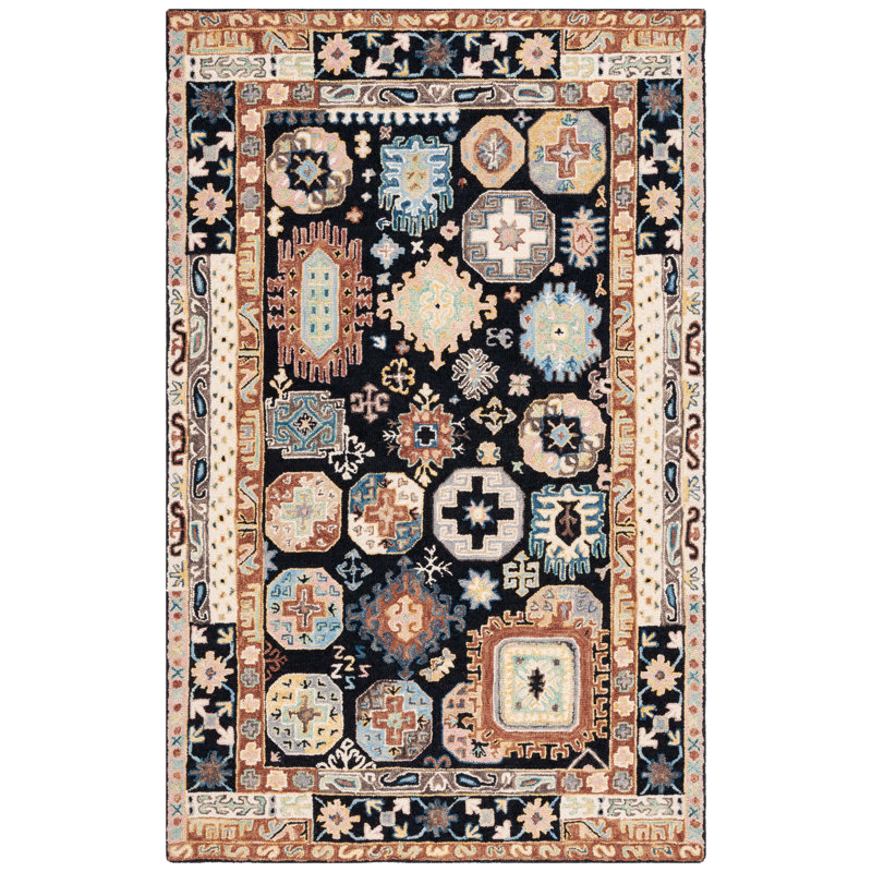Tapis de style sud-ouest en laine / coton touffeté Shanisha noir / ivoire, Rectangle 5 pi x 8 pi