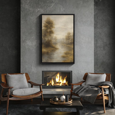 «Golden Misty Riverside Landscape with Trees», art mural encadré