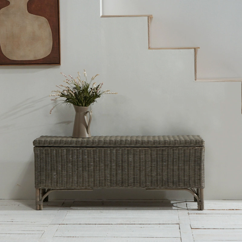 B&B Style Rattan Weaving Home Shoe Changing Stool Japanese-Style Real Rattan Bench Bedside Stool, Gray