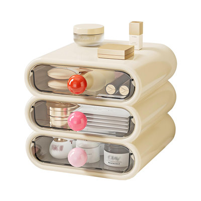 3-Tier Drawer Makeup Organizer for Vanity Small Desk,Non-Stackable Clear Front Cosmetic Storage Holder(Cream White)