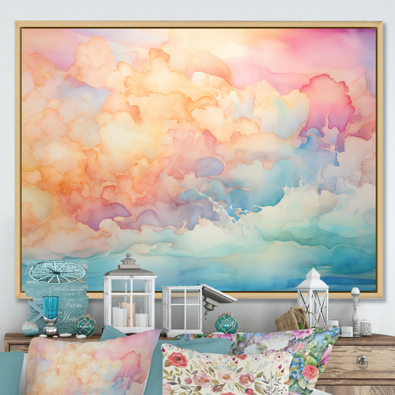 «Clouds Sunrise Alhanol Ink Landscape I - Clouds», reproduction sur toile, Cadre naturel flottant, 30" H x 40" W
