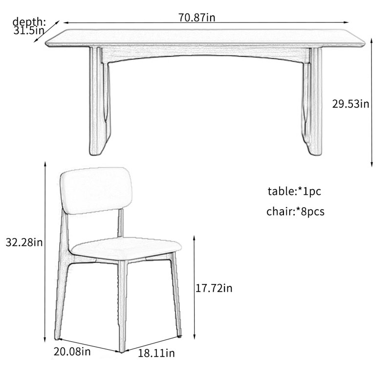 Ensembles de table en bois massif de luxe léger et durable., H 29,53 po x L 70,87 po x l 31,5 po