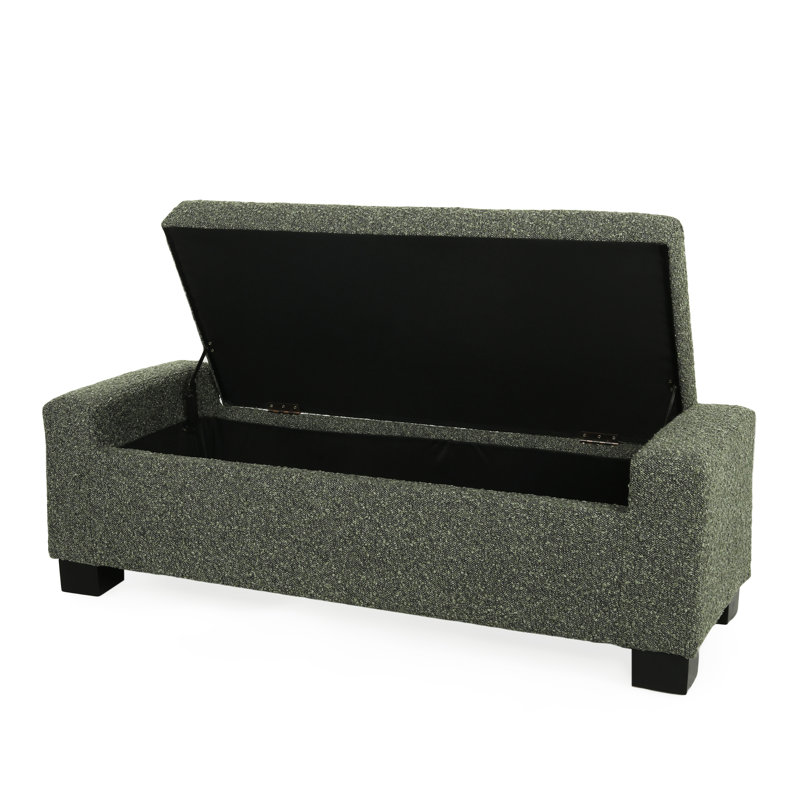 Banc de 50,75 po en tissu texturé noirâtre de style rectangulaire avec couvercle à charnières pour le rangement et les sièges, pieds rabattables en bois de bouleau