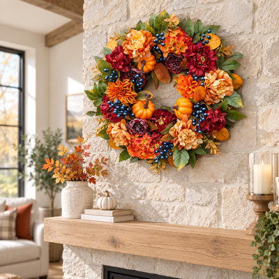 Couronne d'automne de 61 cm (24 po) avec hortensias, pivoines et citrouilles pour porte d'entrée