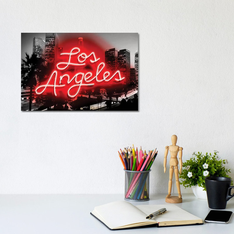 Neon Los Angeles Red On Black by Hailey Carr - Wrapped Canvas Print, 20.32cm H x 30.48cm W x 1.9cm D
