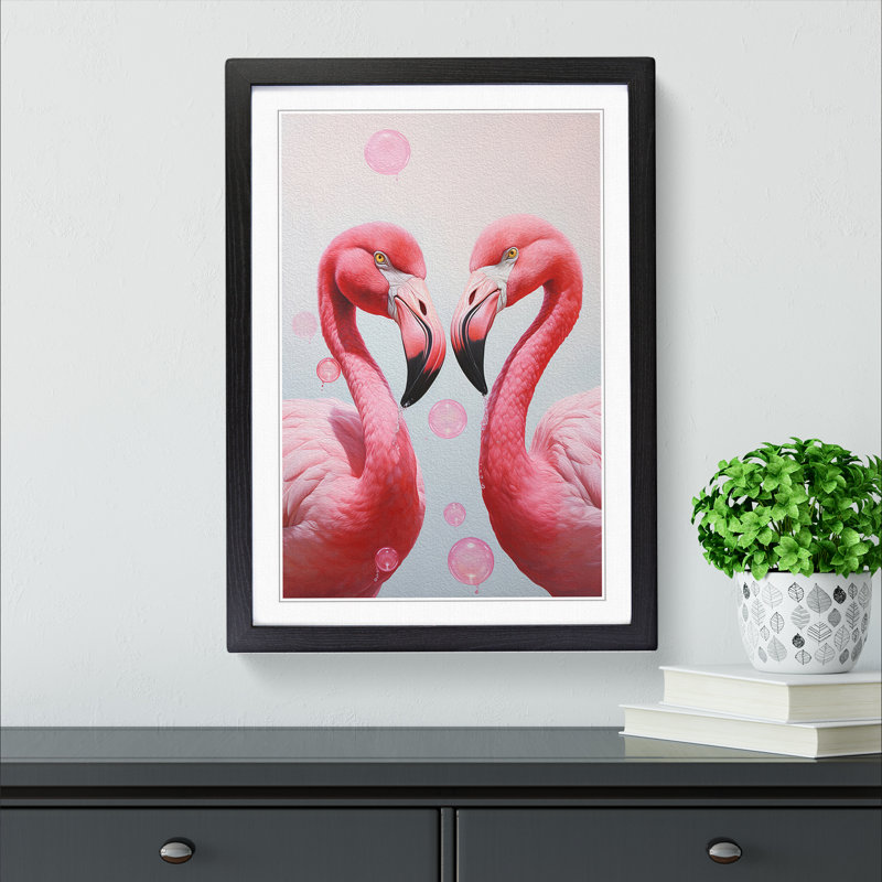 Flamingo Bubble Gum - Single Picture Frame Print on Wood, Black, 64cm H x 46cm W x 2cm D