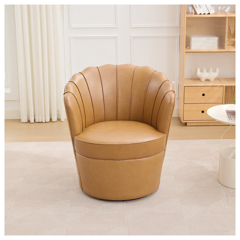 Chaise pivotante pétale brun clair - base en métal pivotant à 360 °, fauteuil de bureau à oreilles en cuir véritable grain supérieur, siège d'appoint de bureau incurvé à conception cannelée
