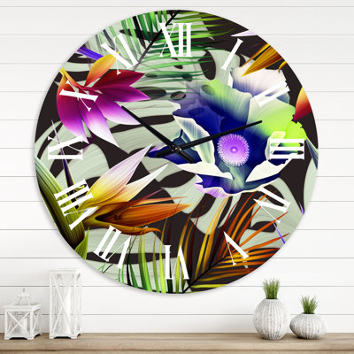Fleur tropicale sur fond noir II - Horloge murale tropicale