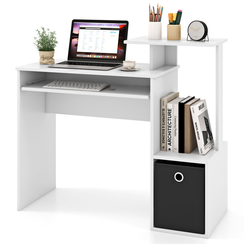 Space-Saving Computer Desk With Open Shelf And Fabric Storage Drawer, White