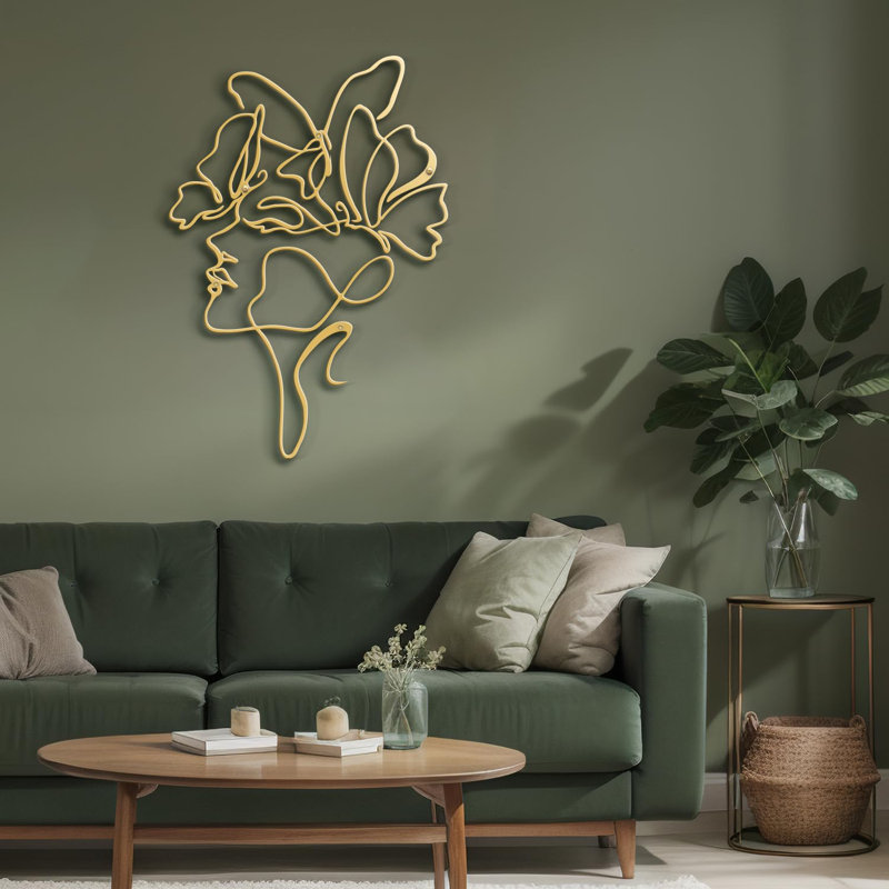Abstract Line Women Face Modern Abstract Wall Accent Sculpture Hanging Decoration Metal Wall Decor, Gold